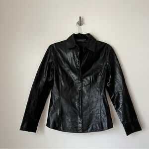 Vintage Copper Key Black Patent Leather Collared Shirt Jacket, size S